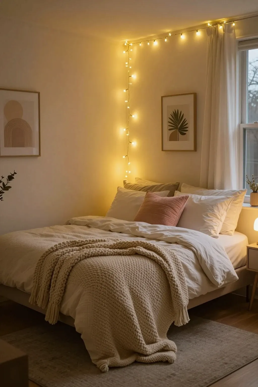 Dreamy cozy bedroom with fairy lights and soft neutral bedding