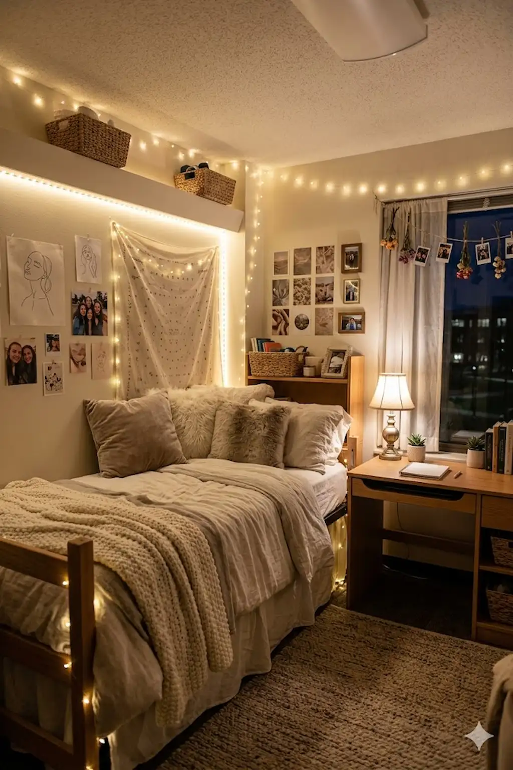 College dorm room decorated with warm fairy lights and cozy modern decor