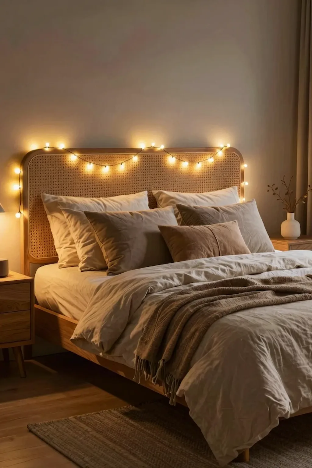 Cozy bedroom with fairy lights draped around the headboard