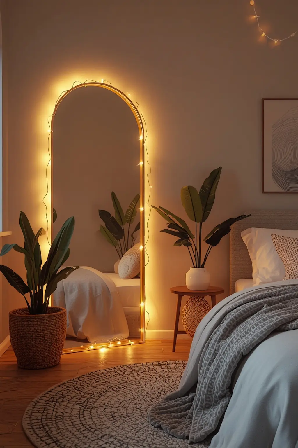 Aesthetic bedroom mirror decorated with warm fairy lights