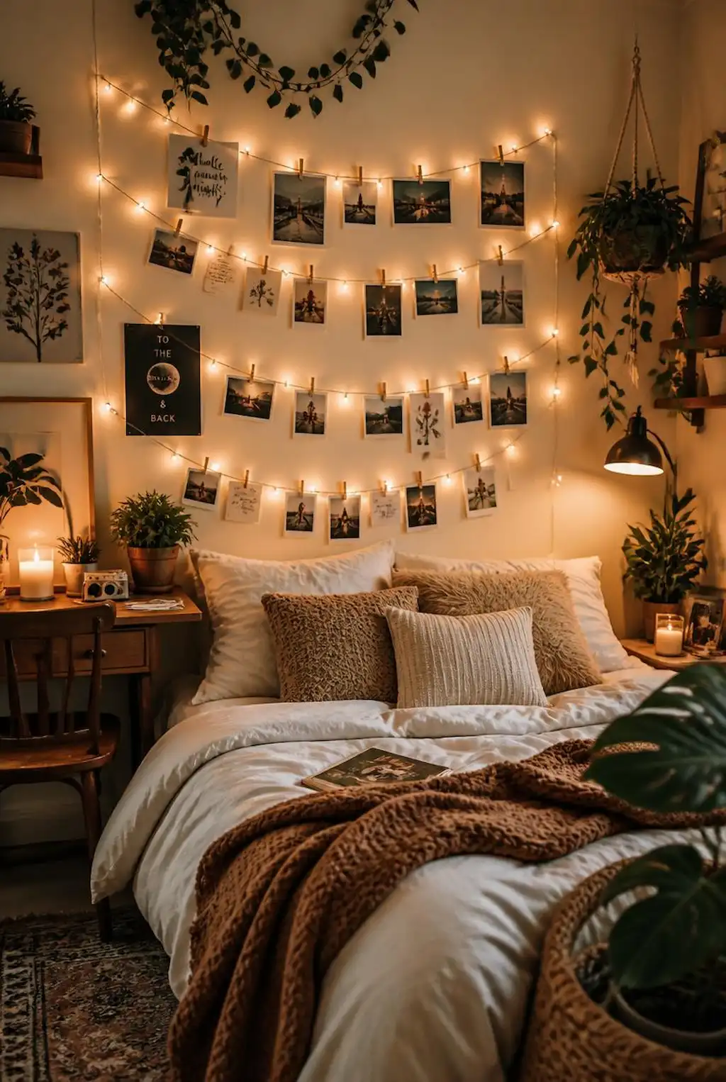 Fairy Light Photo Wall Ideas for Bedrooms