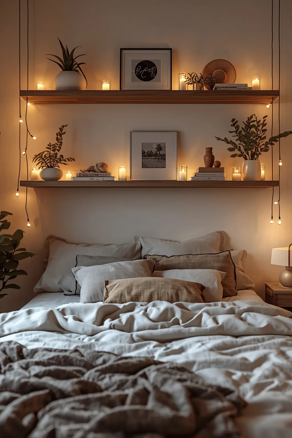 Open bedroom shelves decorated with fairy lights and cozy decor