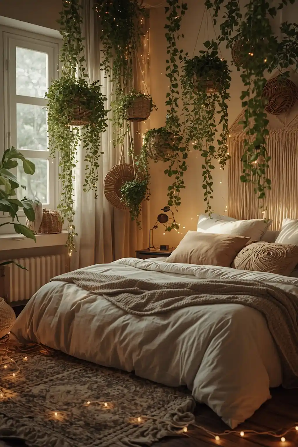 Cozy bedroom with indoor plants and warm fairy lights