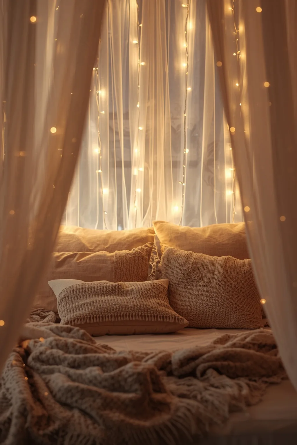Warm fairy lights glowing behind sheer bedroom curtains