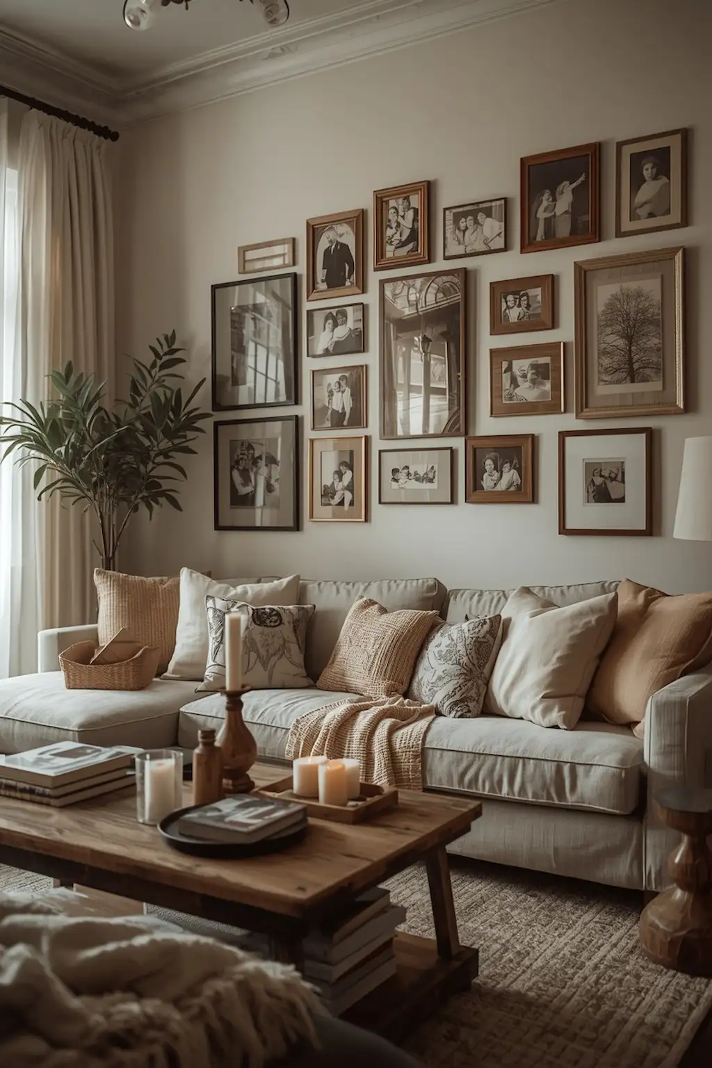 Cozy family photo gallery wall with black-and-white framed pictures