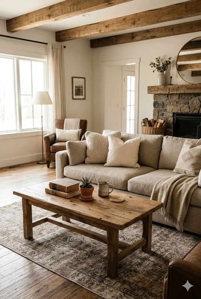 Living room with rustic wooden coffee table