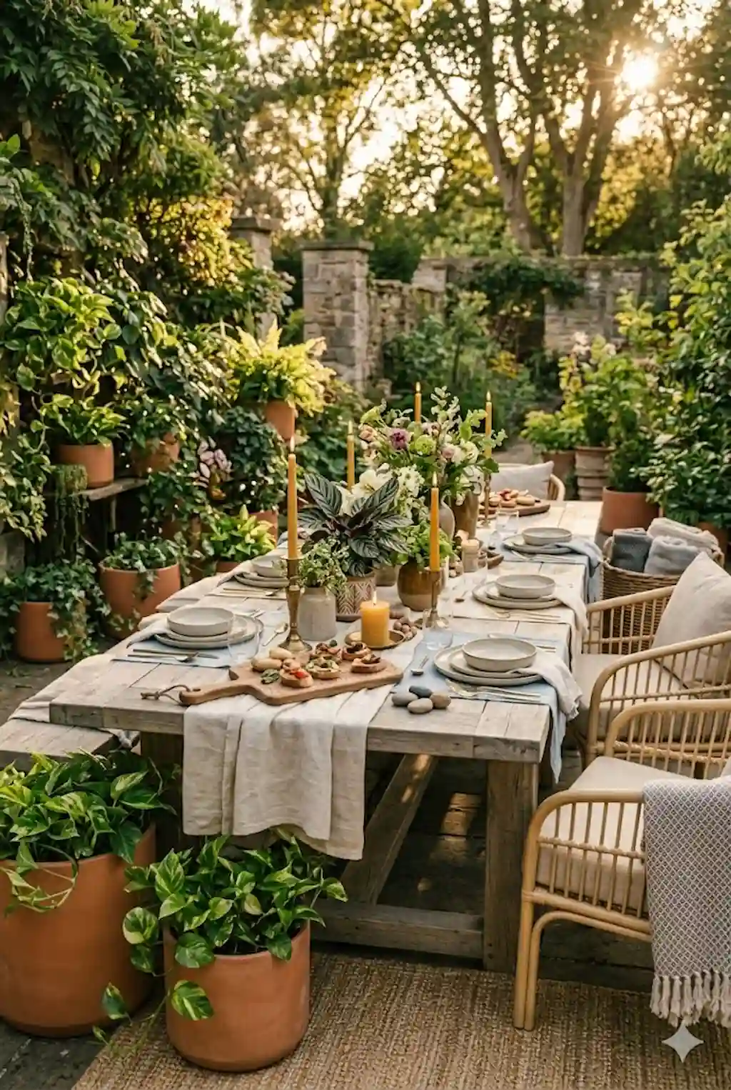 Long farmhouse dining table styled for an elegant garden party