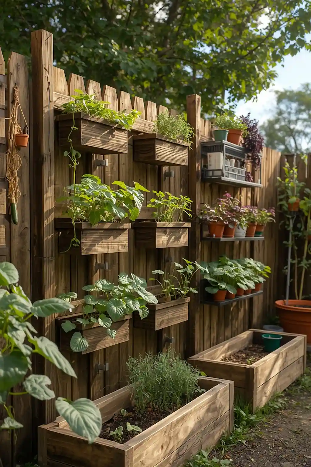 Backyard fence used for vertical vegetable growing system