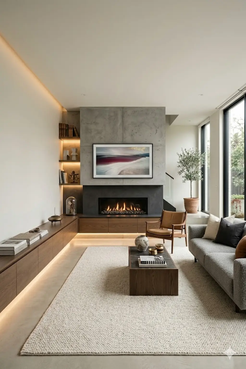 Luxury fireplace wall featuring built-in illuminated shelves and modern TV setup