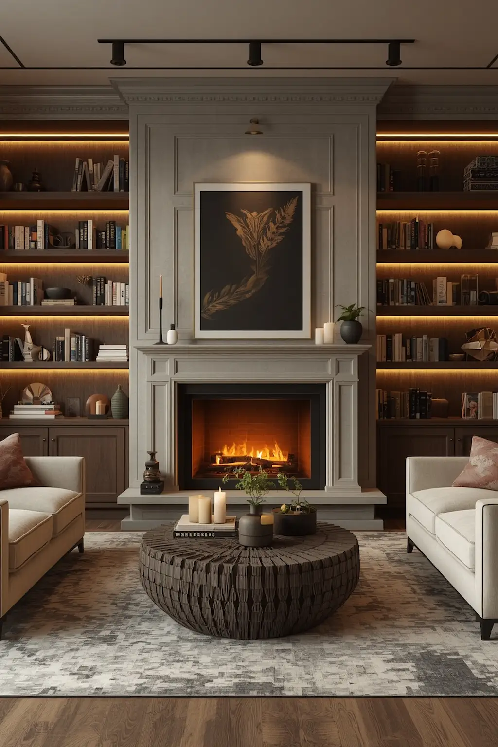 modern living room fireplace surrounded by built-in shelves and decor
