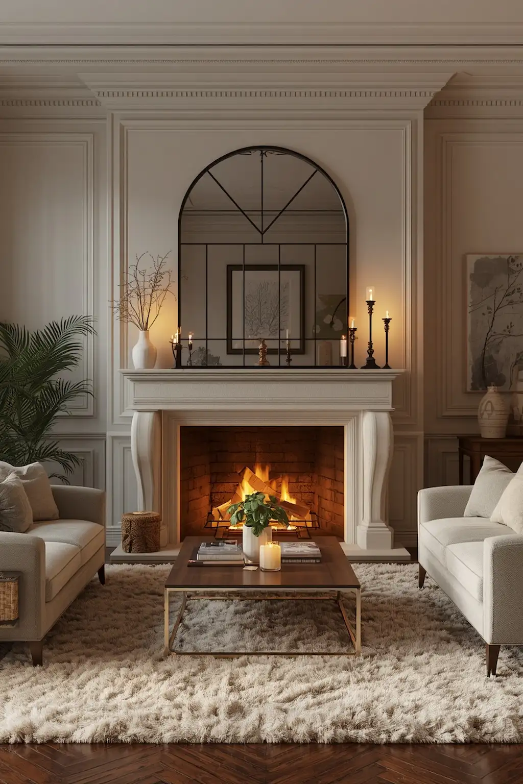 elegant fireplace with oversized mirror and cozy living room styling