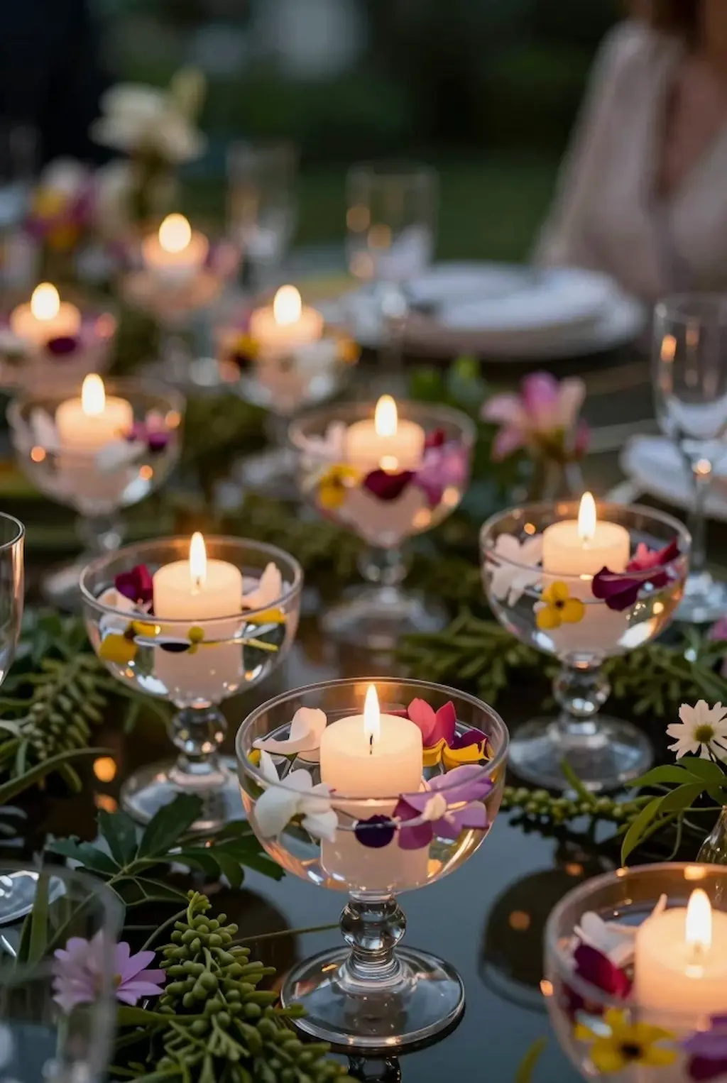Floating candles in glass bowls at an elegant outdoor party