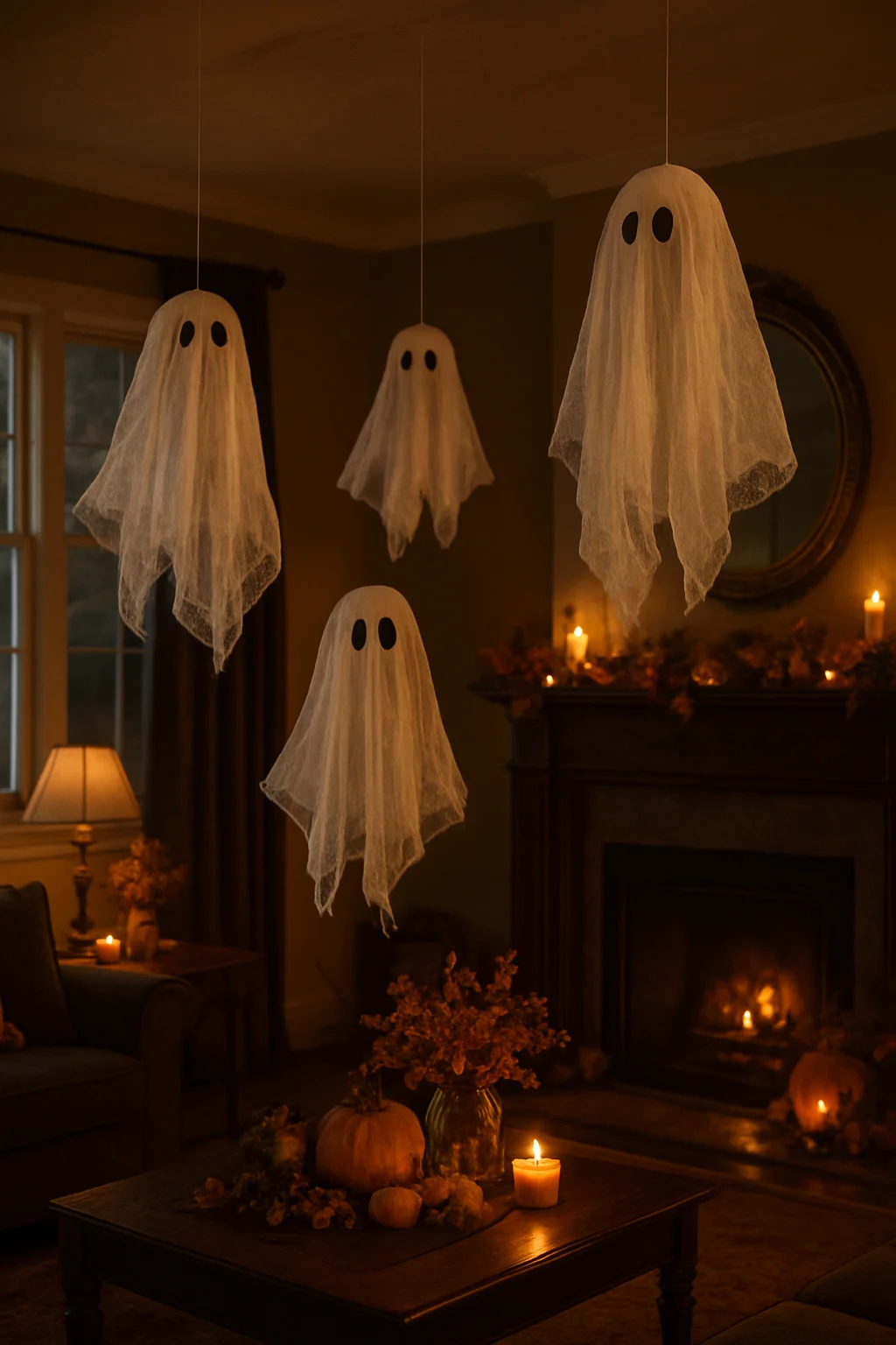 Floating ghost decorations hanging indoors for Halloween