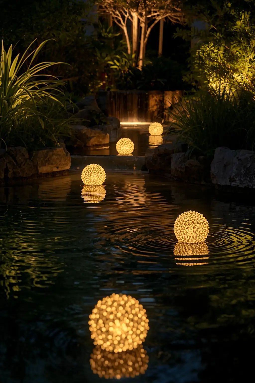 Floating LED lights creating beautiful reflections on a garden pond