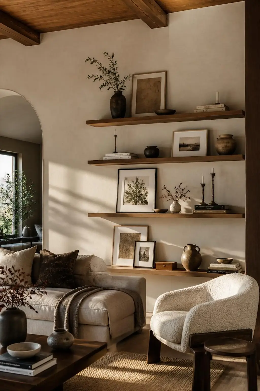 Modern gallery wall with floating shelves, artwork, and cozy decor
