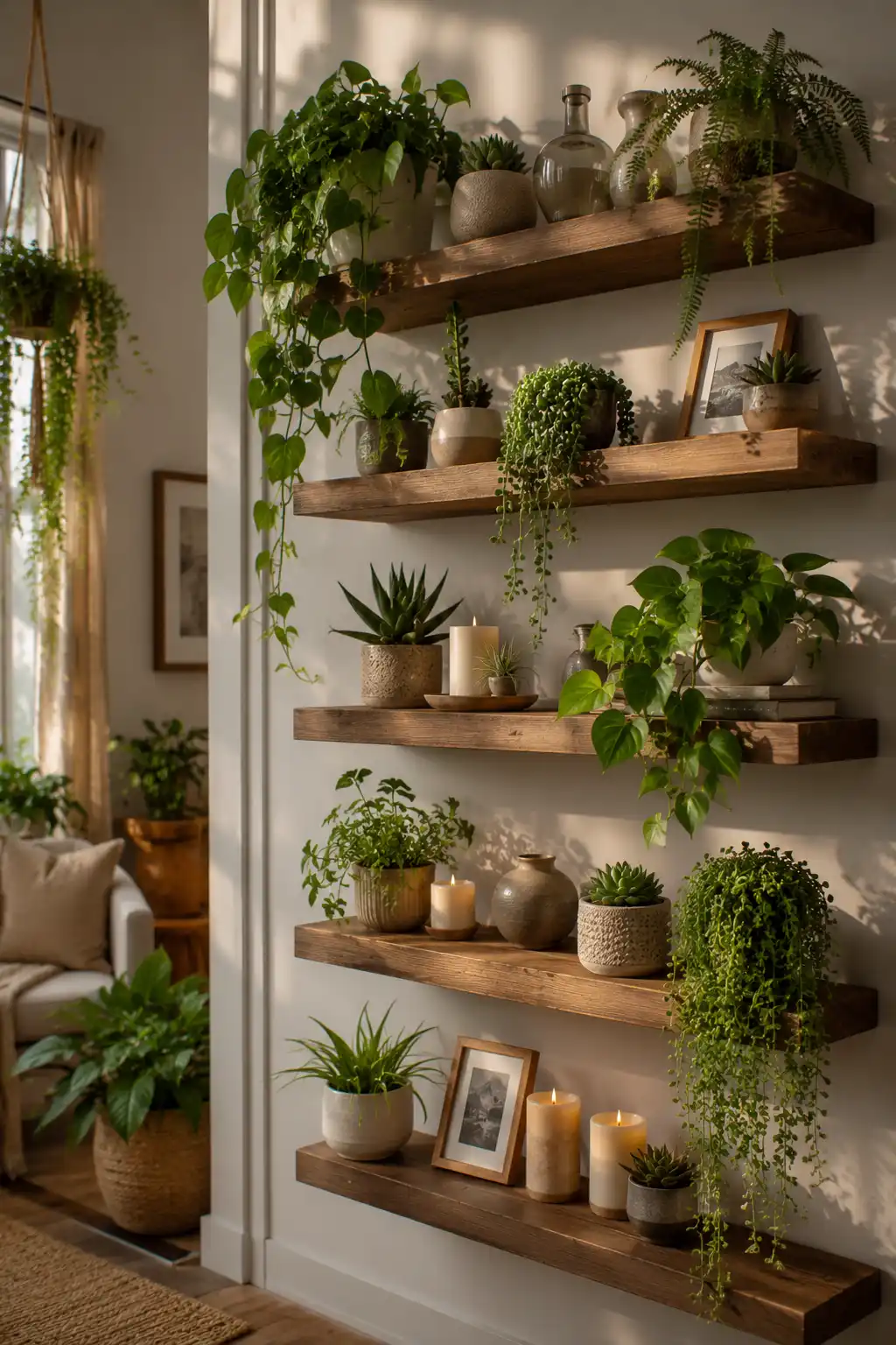 Floating wooden shelves decorated with plants and candles indoors
