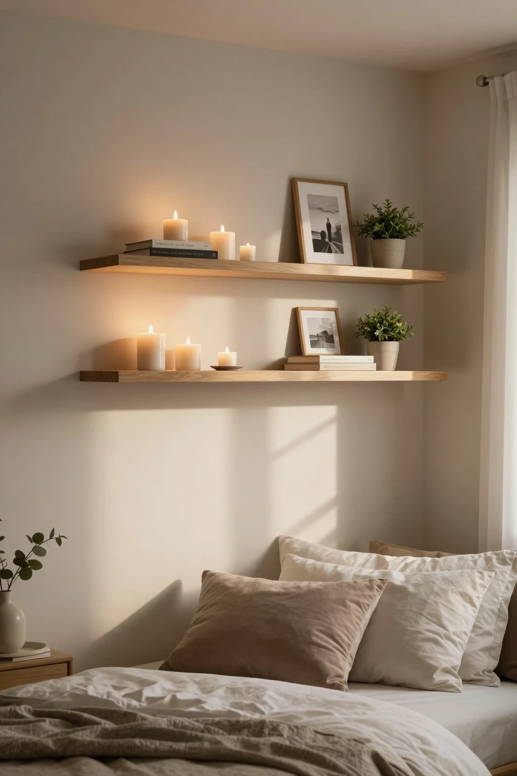 Small cozy bedroom with floating shelves and minimalist decor
