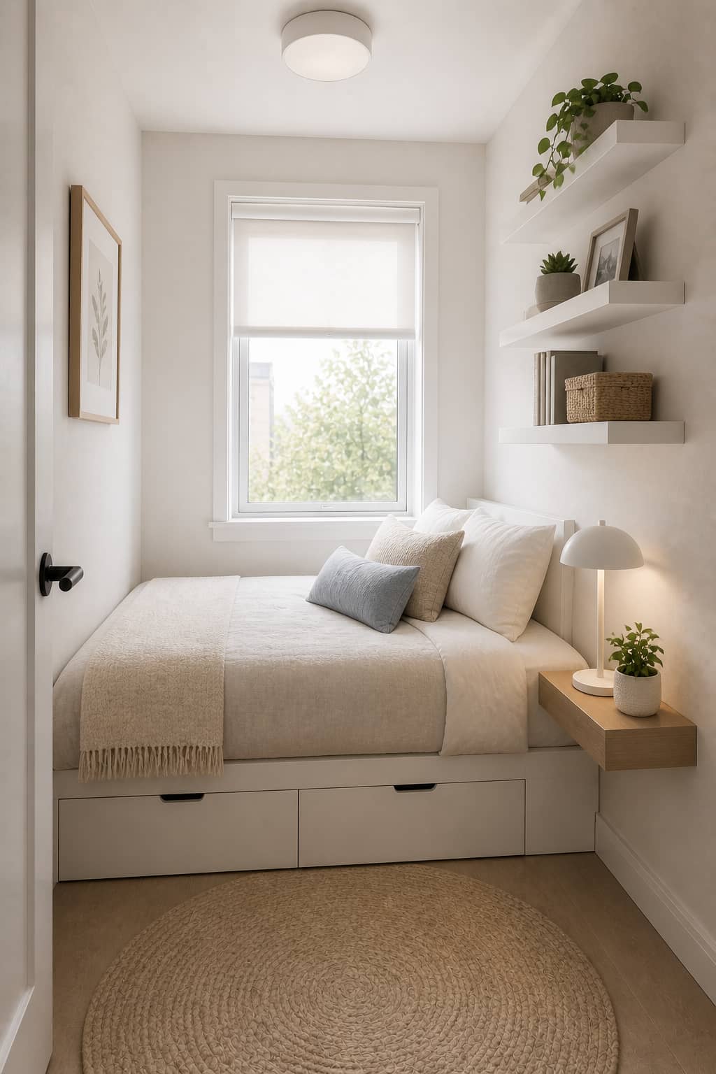 Small bedroom with wall-mounted shelves