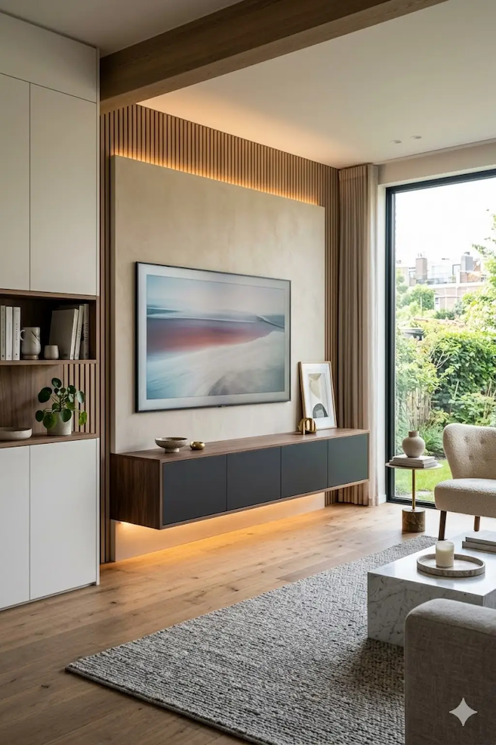 Floating TV cabinet with LED lighting and wall-mounted television