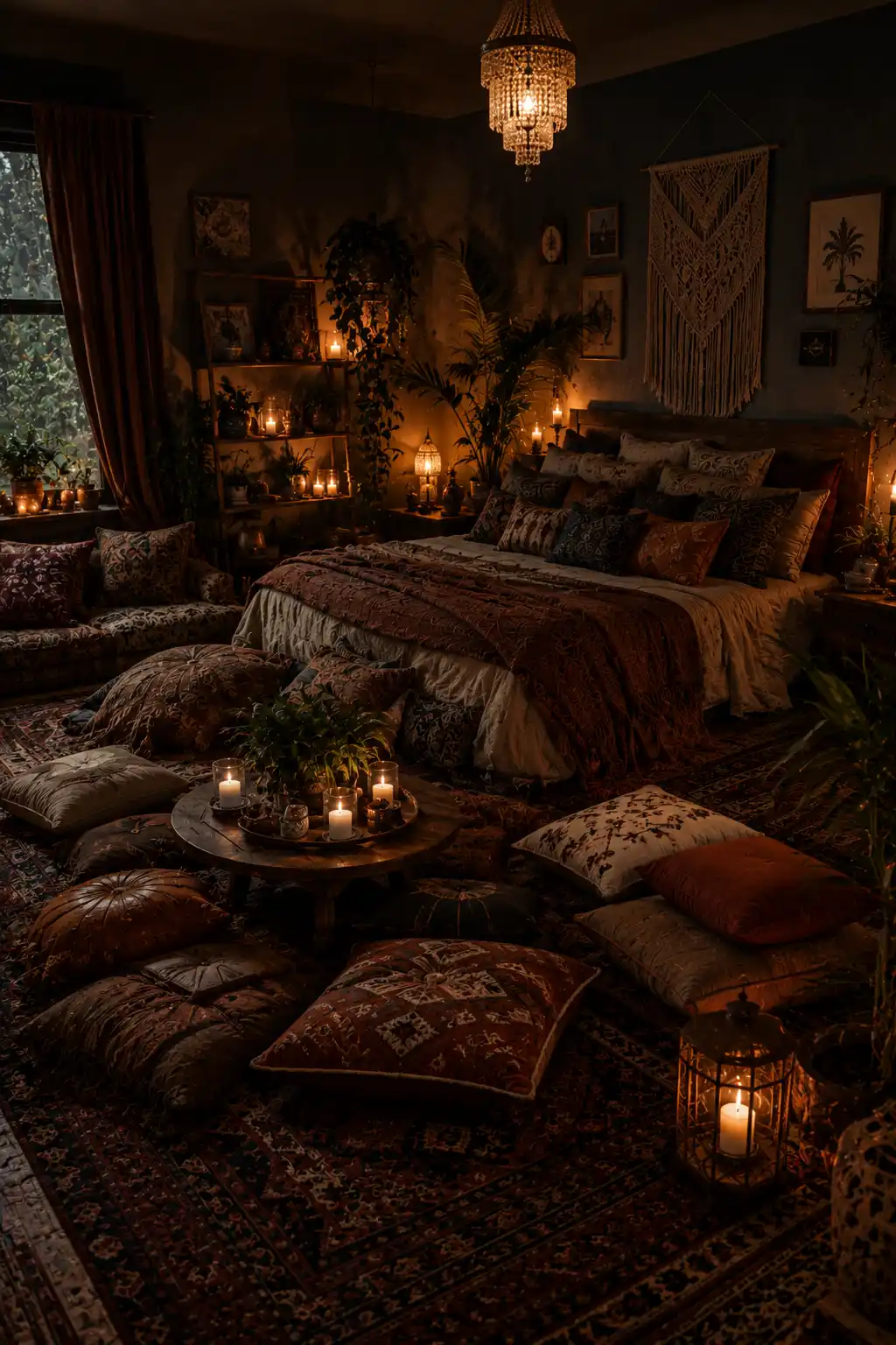 Boho bedroom with floor seating and relaxed vibe