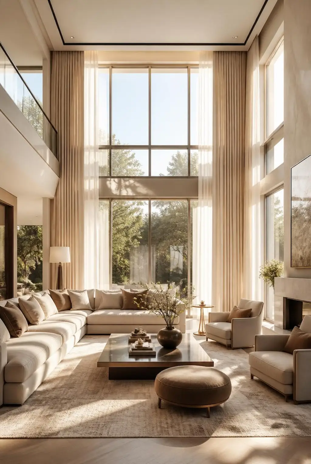 spacious living room with long elegant curtains and tall windows
