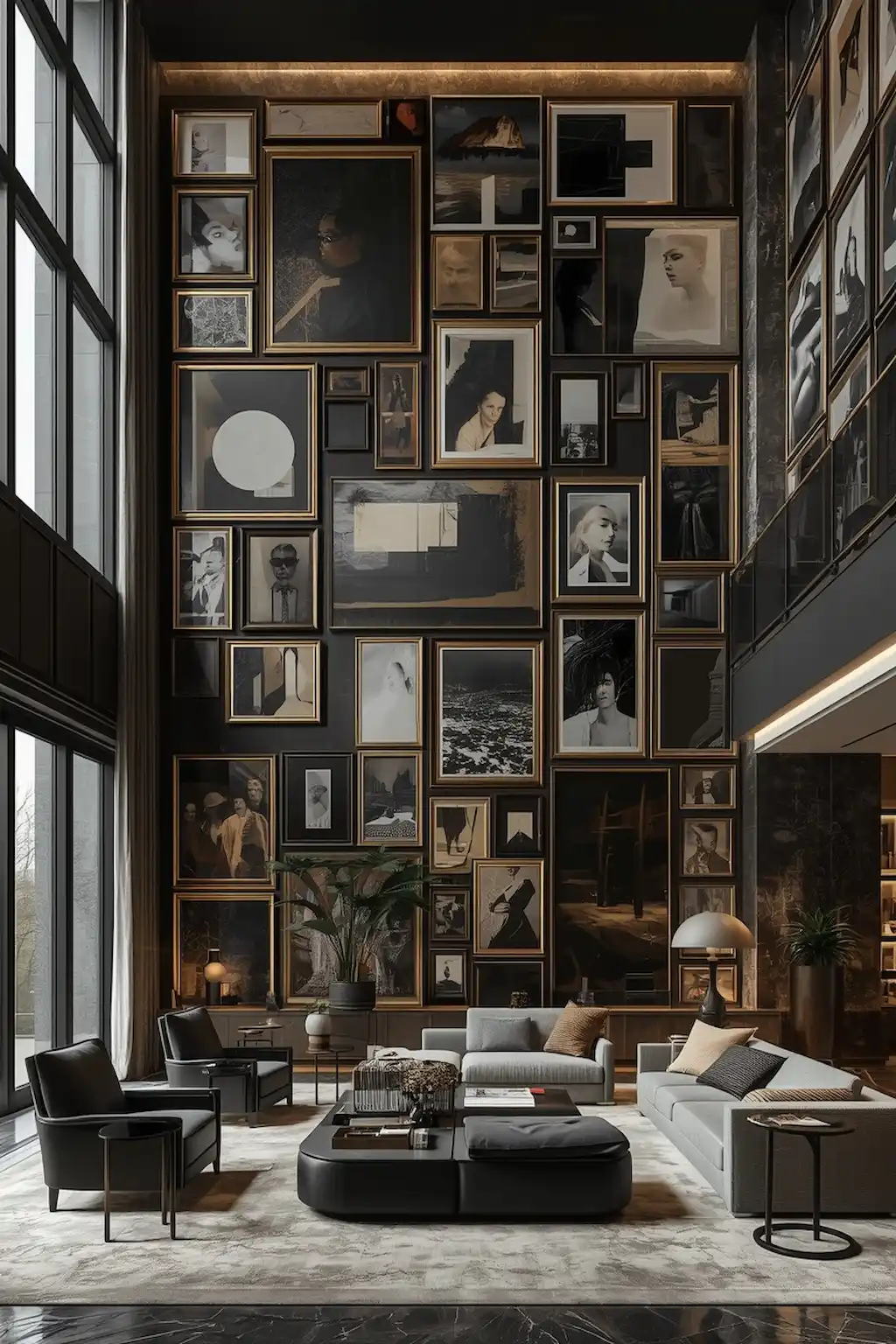 Dramatic floor-to-ceiling gallery wall in elegant modern home