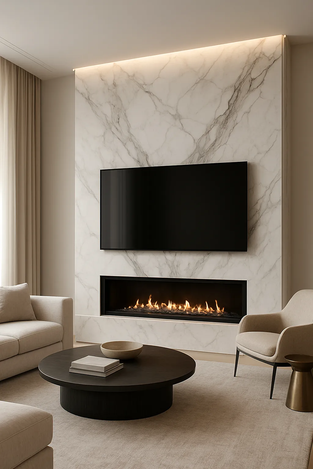 Luxury marble fireplace wall with mounted TV and elegant floor-to-ceiling stone design