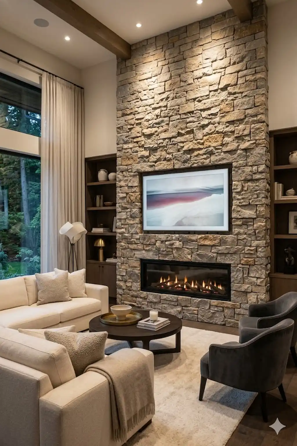 Electric fireplace and TV mounted on a floor-to-ceiling natural stone feature wall