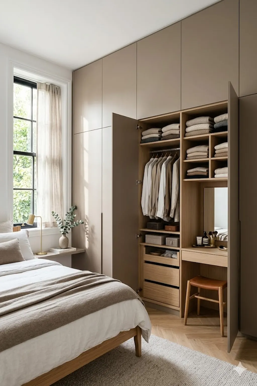 Floor-to-ceiling wardrobe in a small modern bedroom