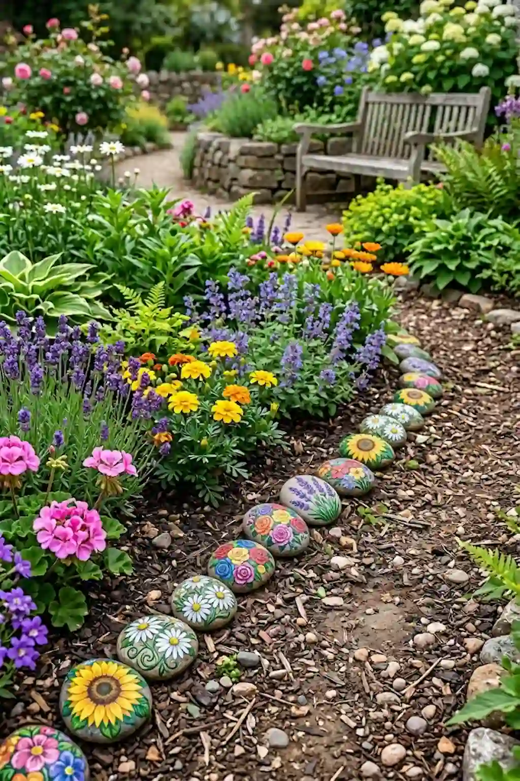 Beautiful flower-painted rocks featuring sunflowers, daisies, roses, and lavender