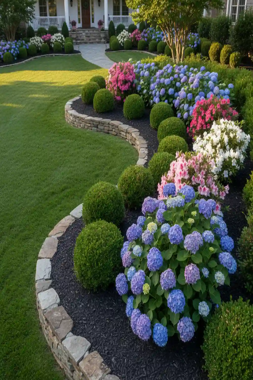 Front yard flower bed with colorful flowers and decorative shrubs