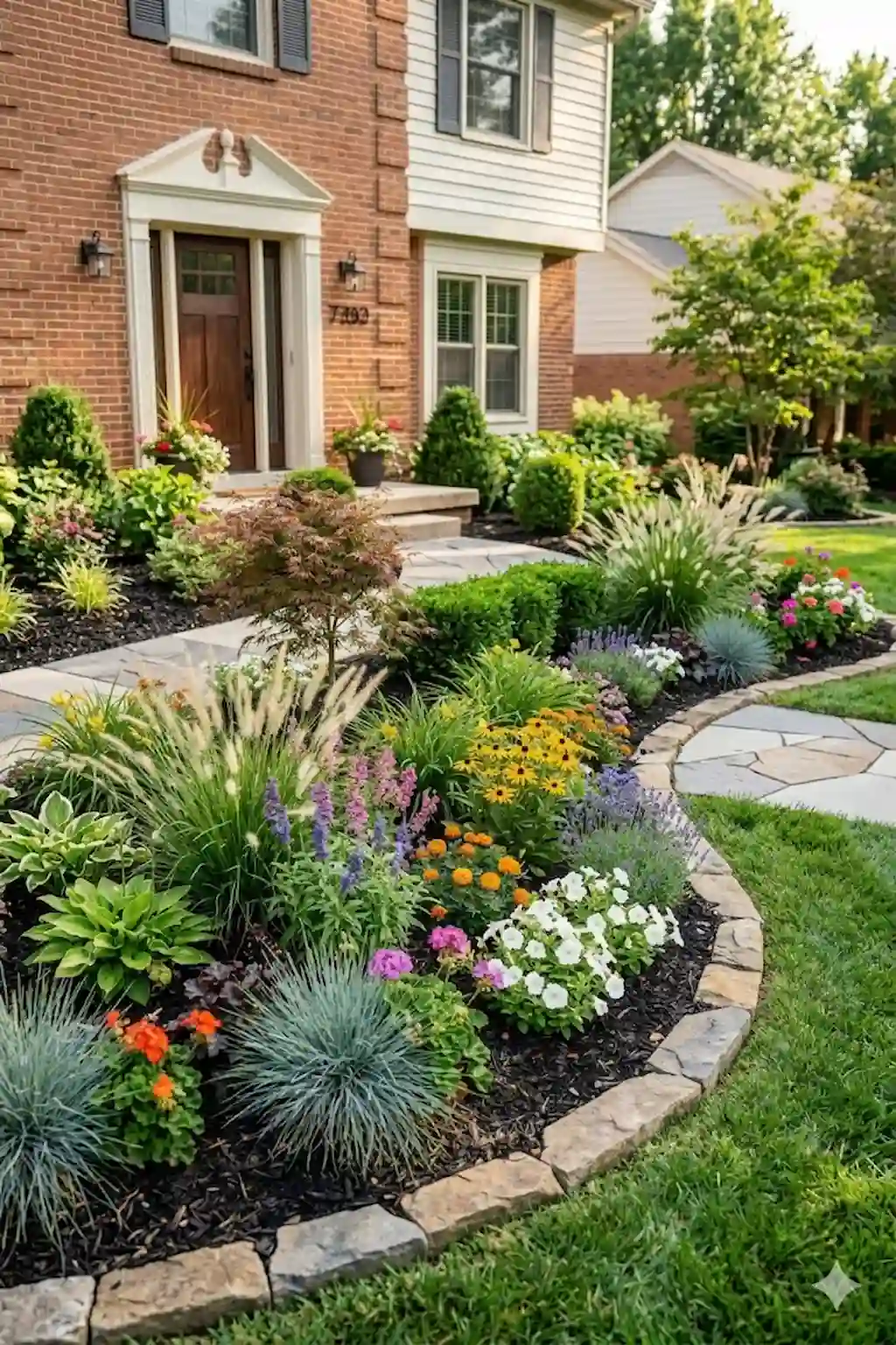 Front yard flower bed with ornamental grasses and colorful flowers