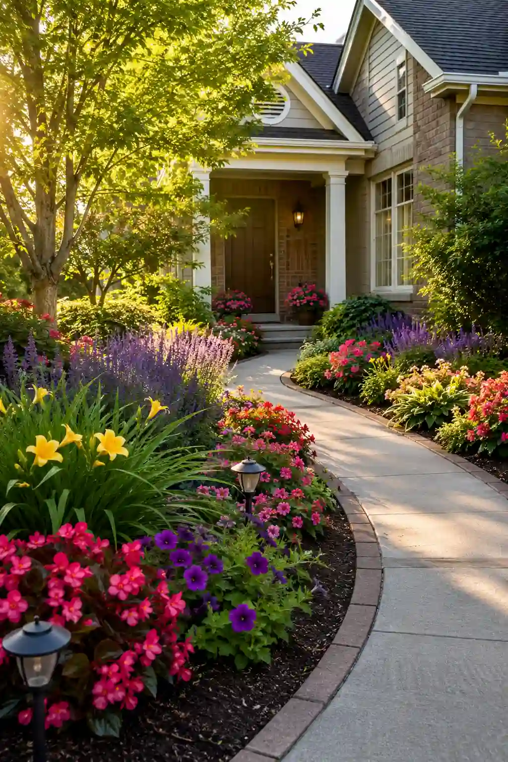 Front walkway lined with colorful flowers and elegant landscaping