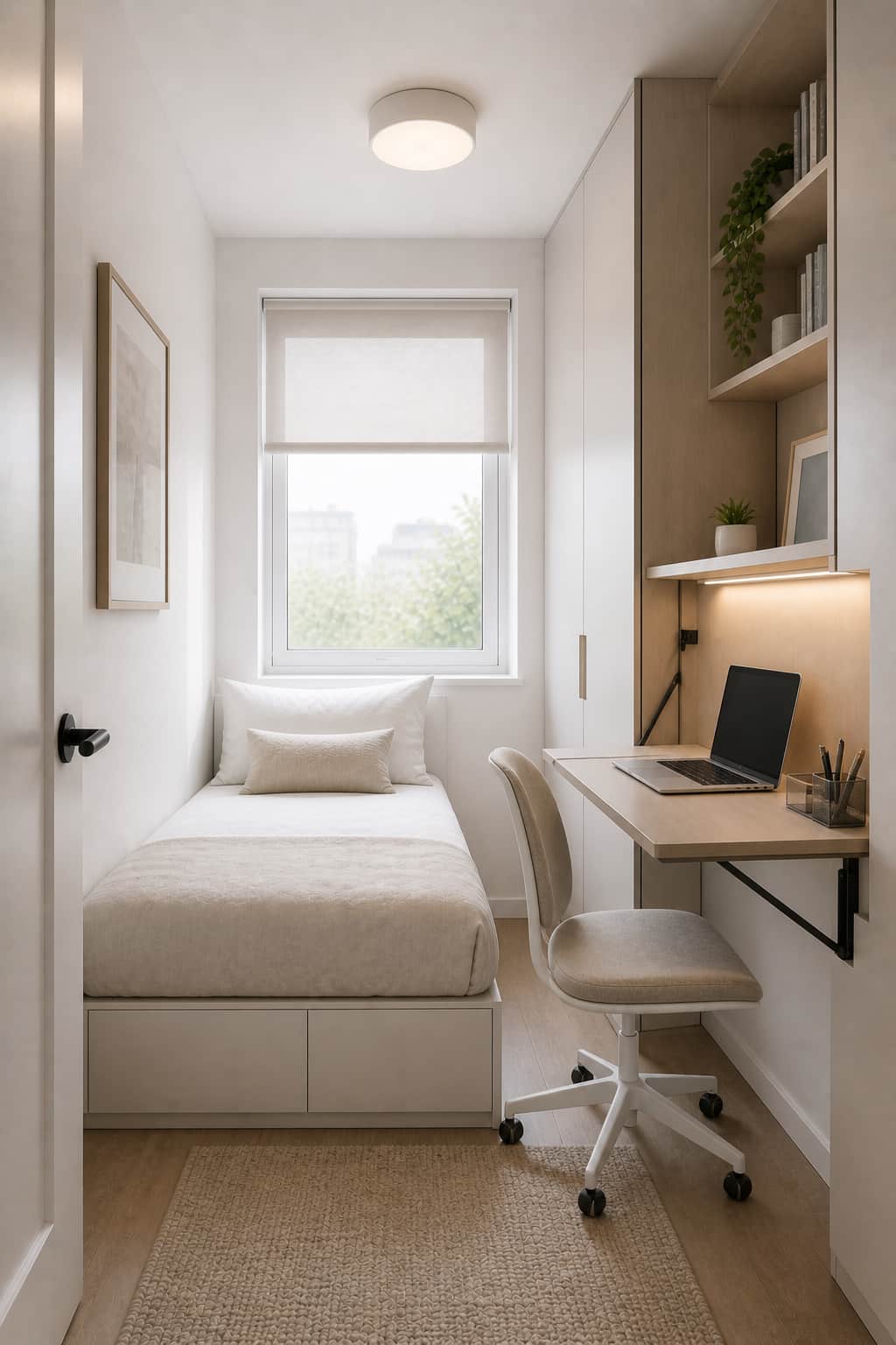 Small bedroom with wall-mounted foldable desk