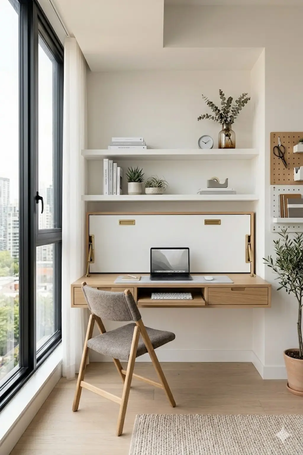 Space-saving foldable wall desk in a compact apartment study area with modern design