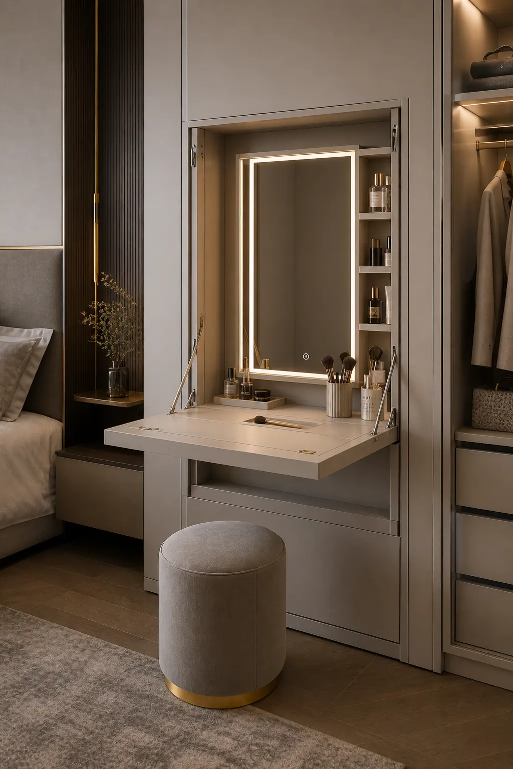 Space-saving foldable vanity in bedroom