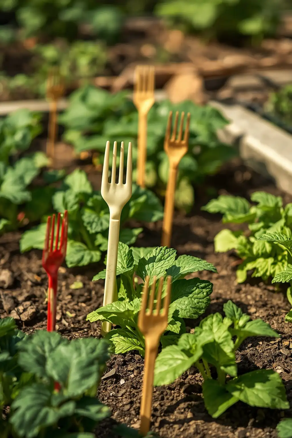 Plastic forks used in soil to keep animals away from plants