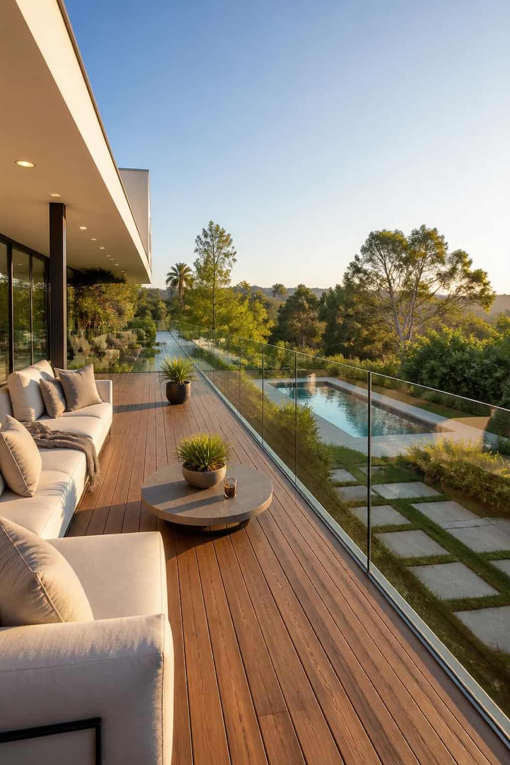 Luxury outdoor deck with frameless glass railings and open views