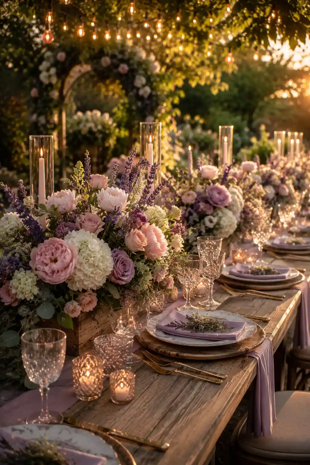 Elegant garden party table with fresh flower centerpieces