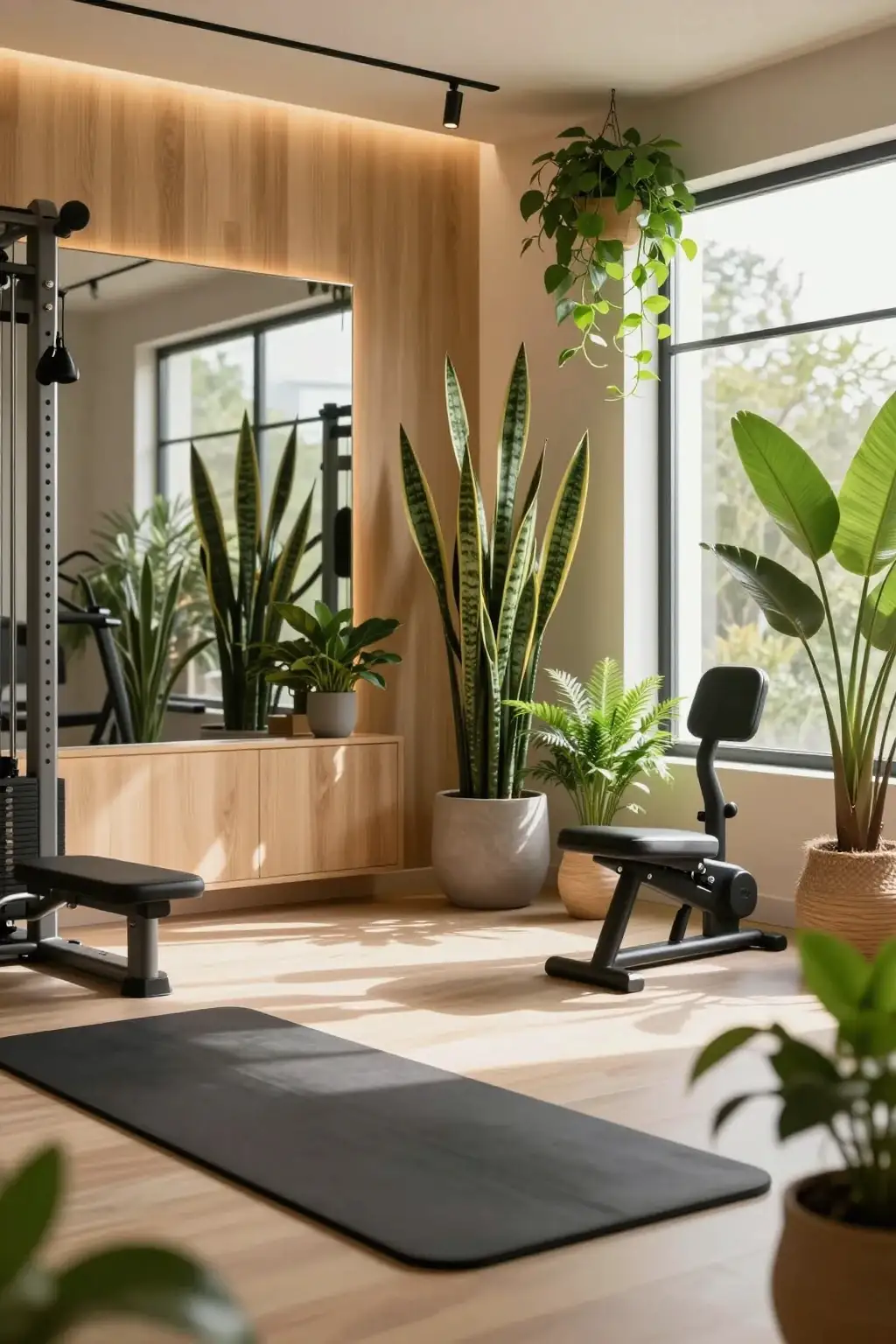 Modern home gym with indoor plants and warm natural decor