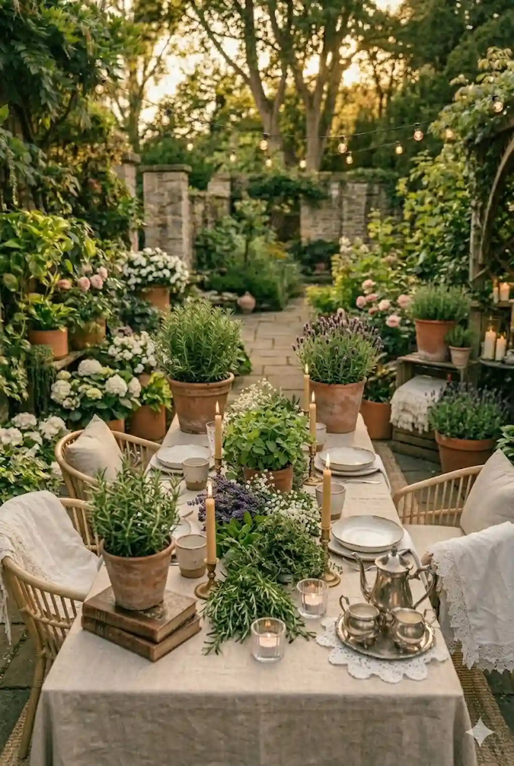 Elegant outdoor dining table decorated with fresh herbs and candles