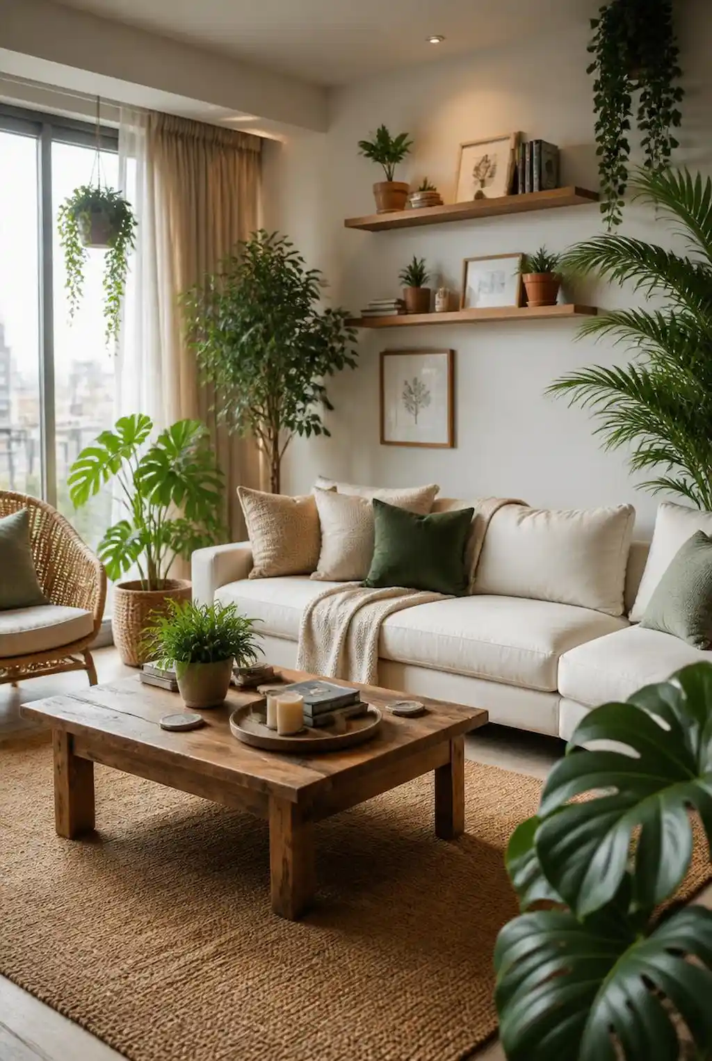 Bright living room with indoor plants, modern neutral sofa, wooden furniture and natural cozy decor