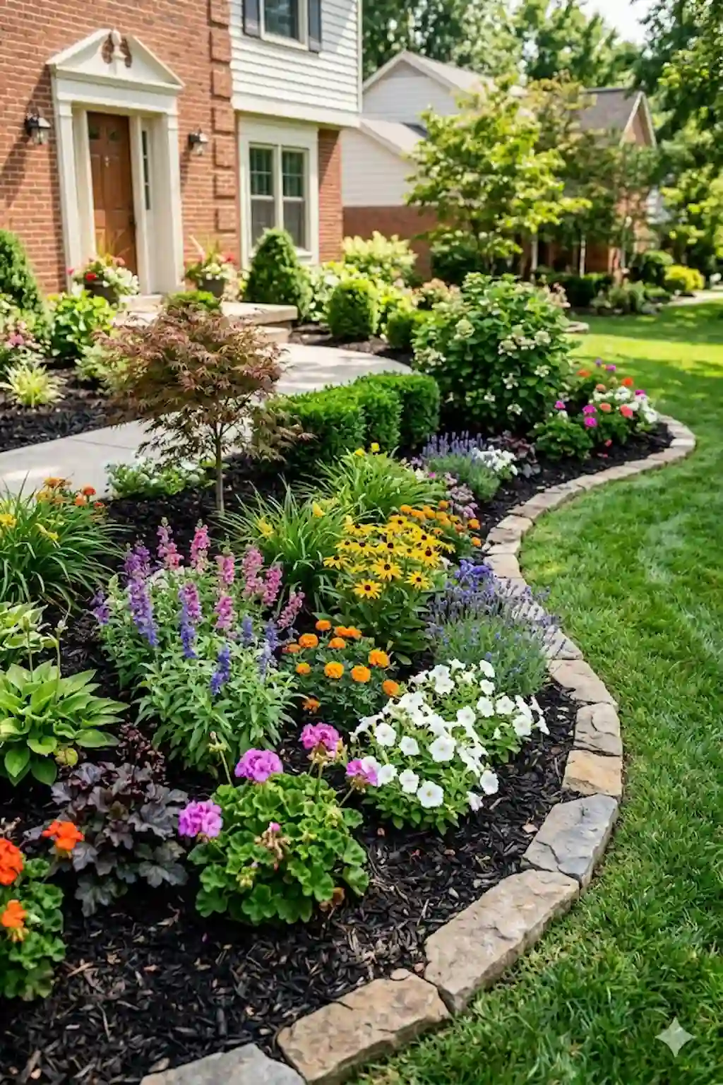 Front yard flower bed with dark mulch and colorful blooming plants