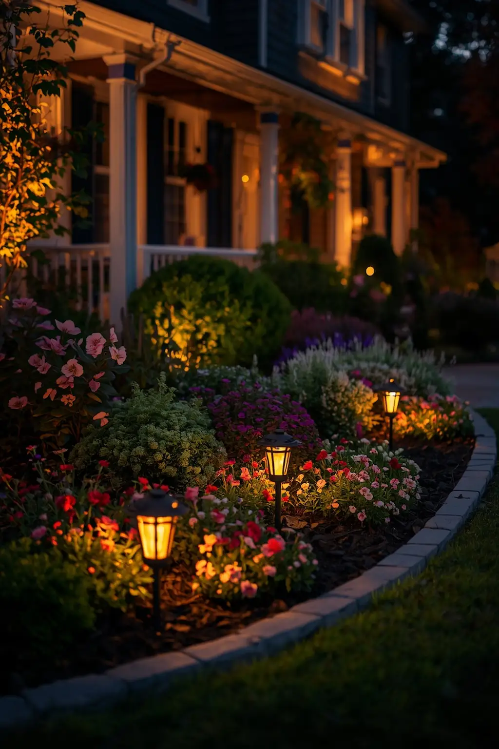 Flower bed with warm solar lighting and cozy nighttime landscaping