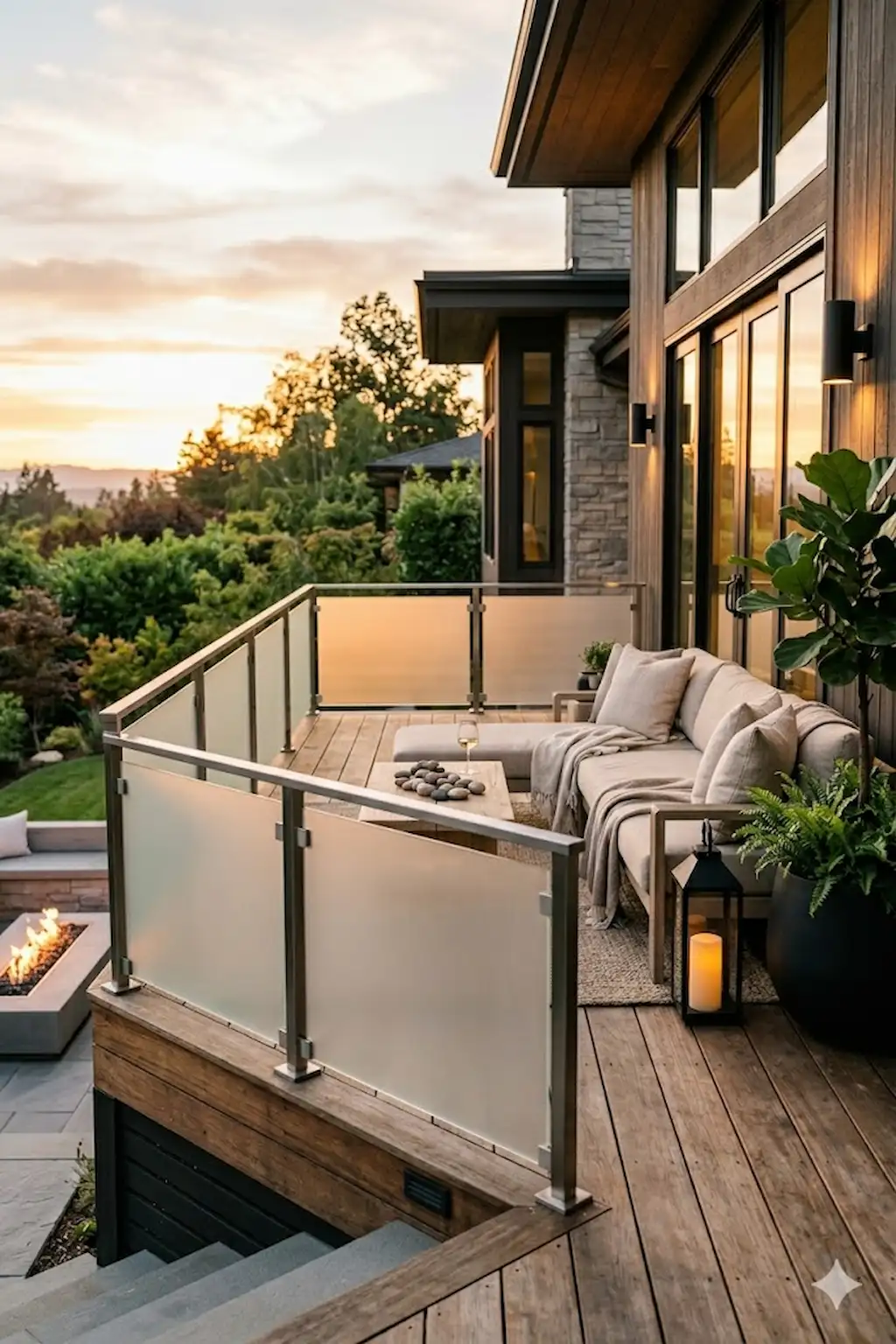 Stylish deck with frosted glass privacy railings