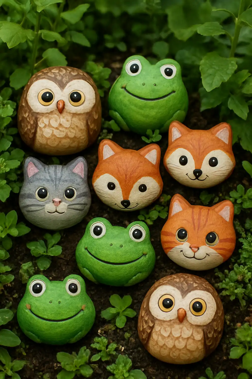 Painted rocks featuring cute owl, fox, frog, and cat faces