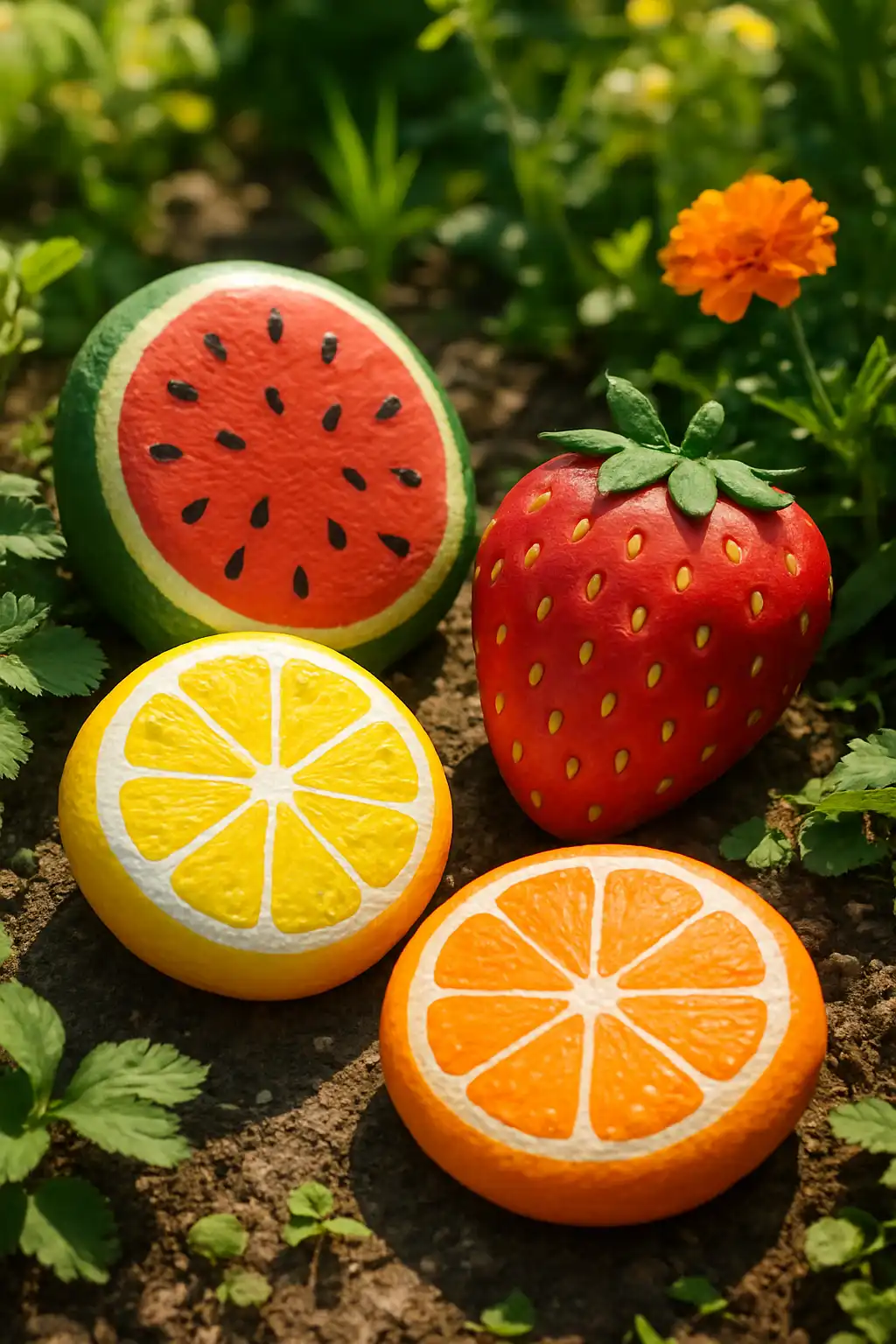 Painted rocks designed as watermelon, lemon, strawberry, and orange slices