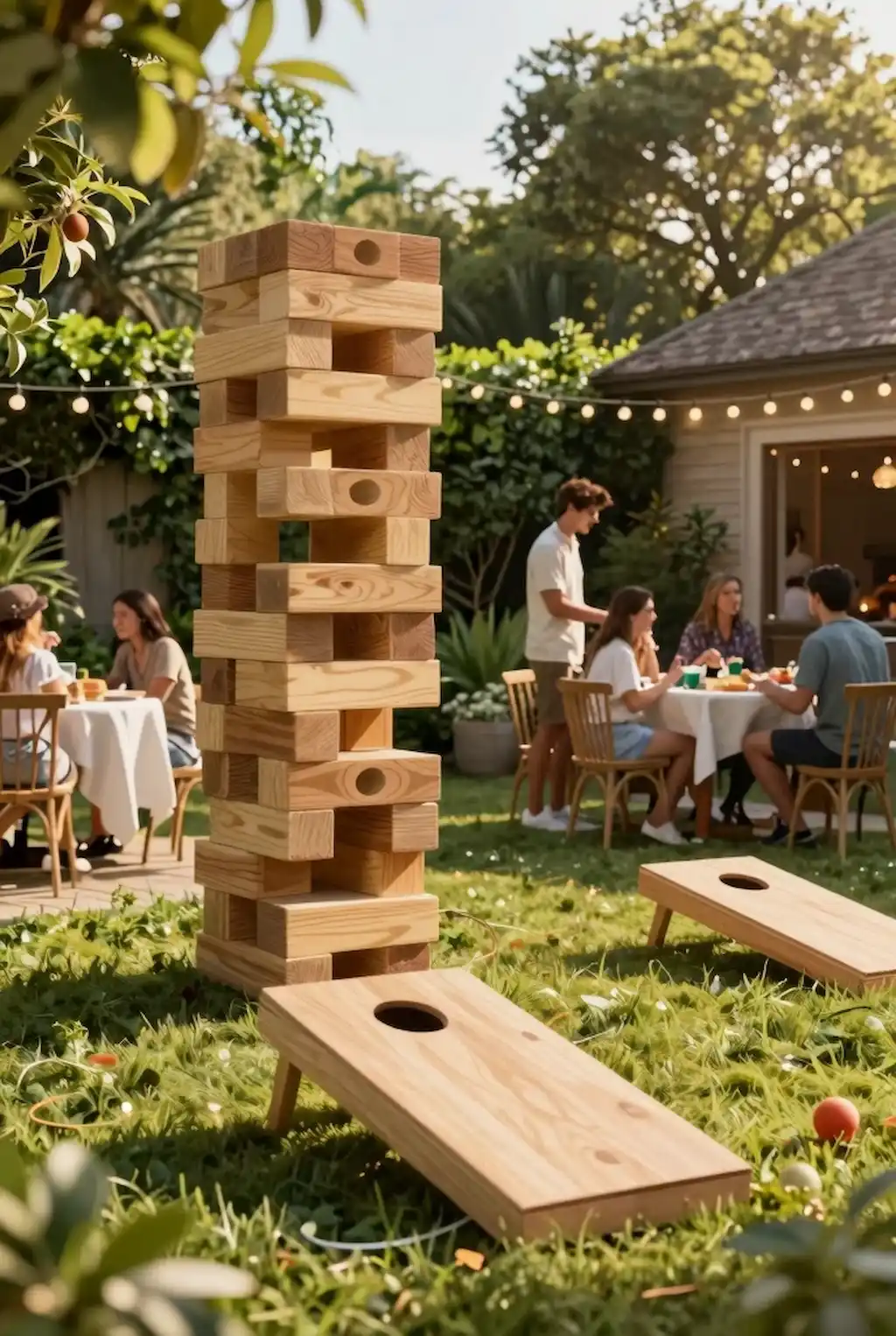 Backyard garden party with giant Jenga and outdoor games