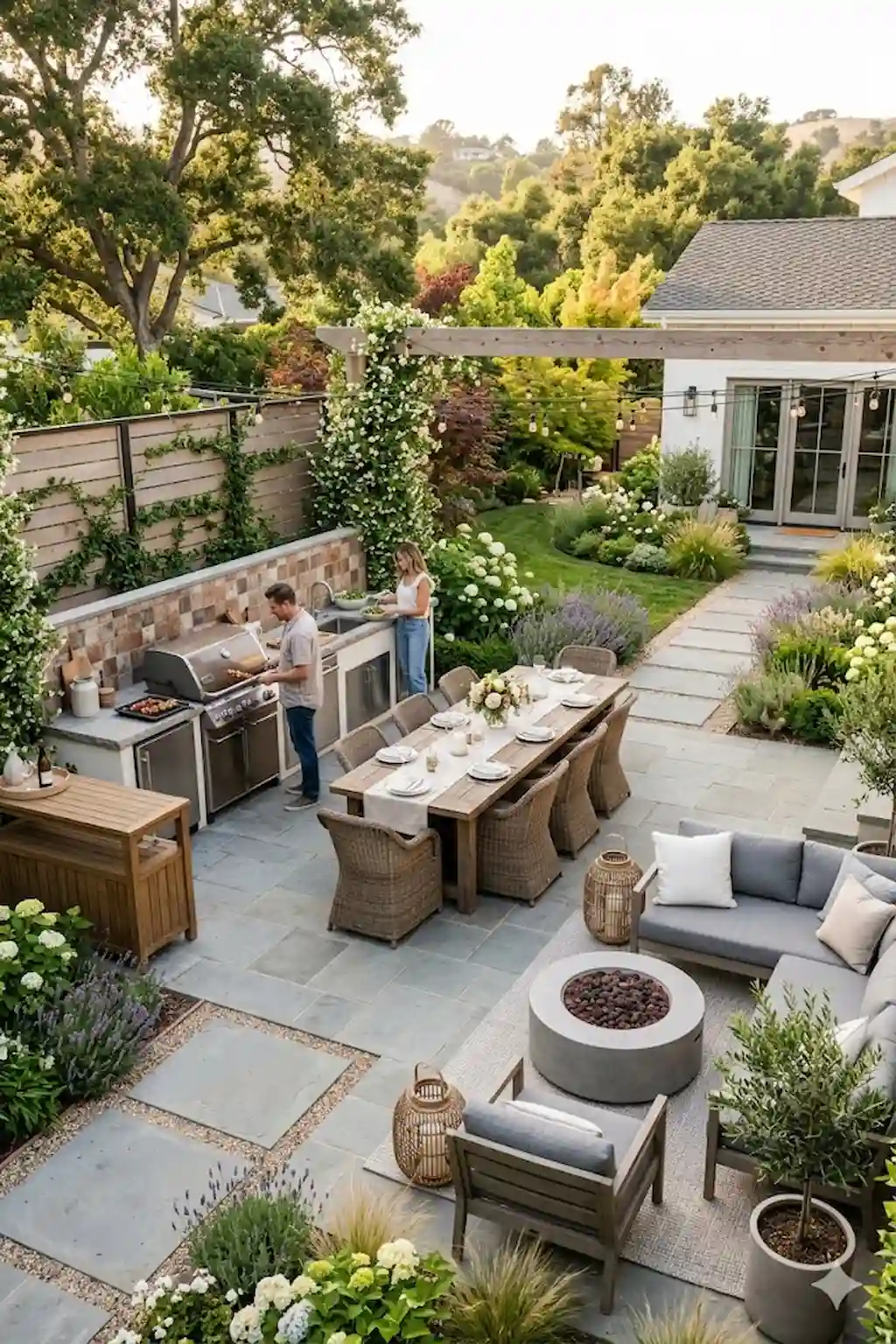 Well-designed BBQ patio with open layout, dining area, and comfortable seating zones