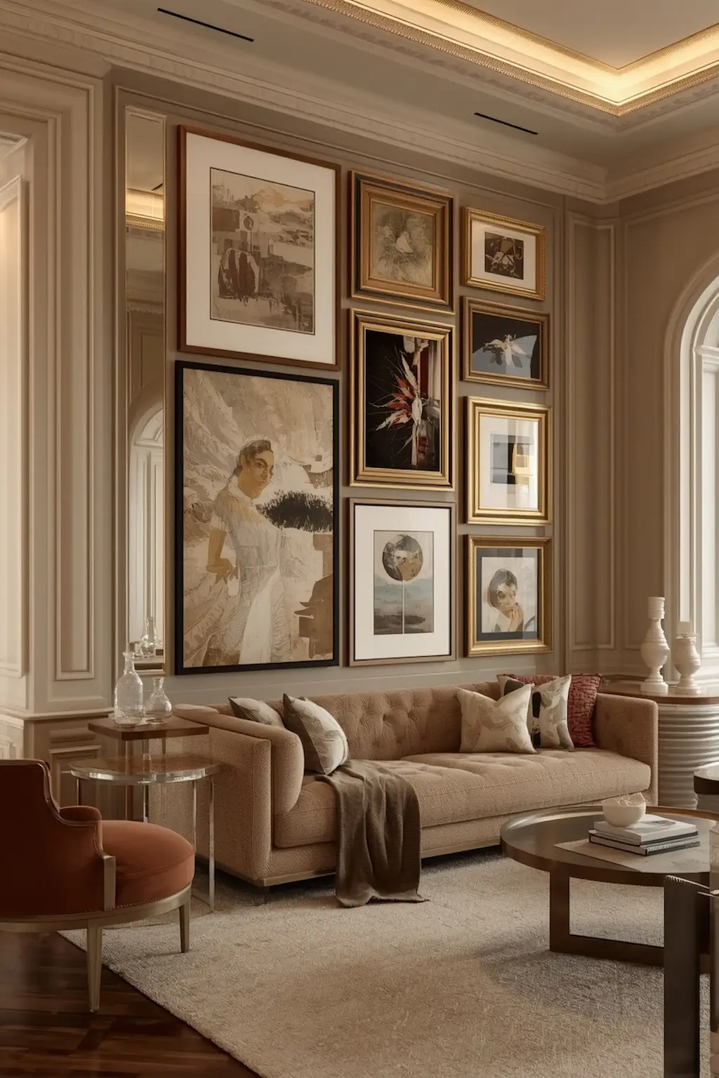Elegant gallery wall with mirrors, artwork, and warm modern decor